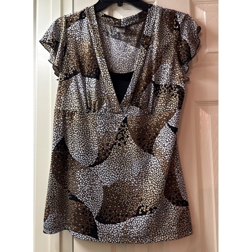 JKLA California Women XL Mosaic Print V-Neck Flutter Sleeve Blouse Brown White